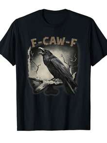 [Camiseta de Cuervo Divertido] Camiseta Gráfica de Cuervo Divertido para Hombres| Camiseta de pájaro F-CAW-F que hace reír a gritos - Peso pesado 220gsm, cuello redondo, top casual para todos los días - Idea de regalo de cumpleaños y Halloween, ajuste cómodo para todas las estaciones, manga corta, ropa humorística, obra de arte llamativa, amantes de las bromas - Negro - Ver 2