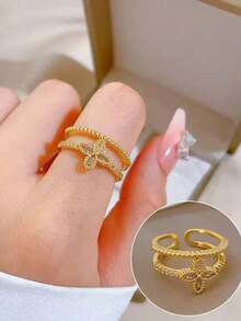 1 pieza Anillo de flor de trébol de cuatro hojas ajustable de doble capa, joyería de moda para mujeres