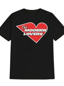 Camiseta casual de cuello redondo para hombres con estampado gráfico de corazón de amantes modernos, camiseta de manga corta negra para adultos, él, estilo casual de verano, diseño de amantes modernos | Camiseta con estampado gráfico - Negro - Ver 1
