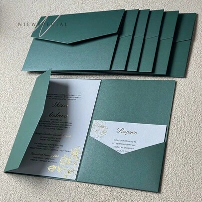 25pcs Tri-Fold Pocket Wedding Invitation Cards With Envelopes, Simple Invitation Cards For Engagement, Quinceañera, Christening, Etc., 5*7 Inch Invitation Cards, DIY Invitation Cards, Pocket Invitation Cards, Customized Invitation Cards, Summer Gifts, Beach Theme, Back To School Supplies, Room Decor