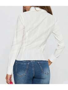 Womens Long Sleeve Plaid Shirts Collared Button Down Shackets Casual Fall Outfits 2025 - White - View 2