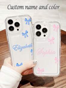 1pc Customized Name & Bowknot Color Pattern Phone Case, Fashionable Custom Design Reflective Thick Anti-Drop Phone Case Compatible With IPhone 11 12 13 14 15 16 Pro Max,International Version, Not The Domestic Version - Clear - View 4