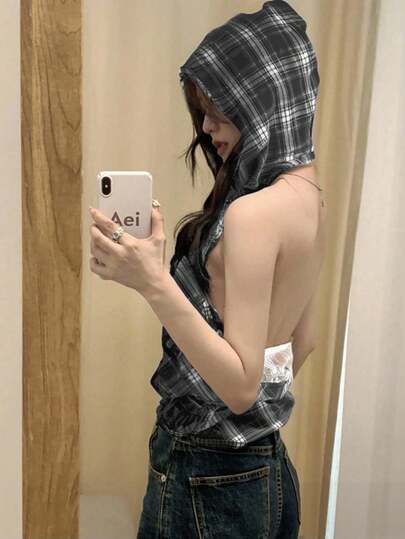 เสื้อกล้ามคอปกสีแดงลายสก๊อต, เสื้อครอปมีฮู้ดแขนกุดสำหรับผู้หญิงสำหรับวันหยุดฤดูร้อน
