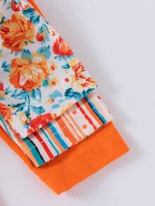 3件套小女孩荷叶边花卉印花波点条纹图案连衣裙 - 橘色 - 查看 8