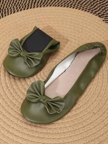 Sepatu Balet Wanita Lembut, Nyaman, Bersol Tipis dengan Pita, Model Slip-On, Dapat Dilipat, Sepatu Serbaguna untuk Dalam Ruangan/Pesta, Gaya Warna Cerah Baru untuk Semua Musim - Olive Green - View 4
