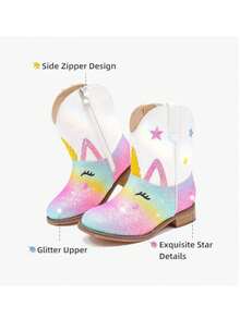 Girls Toddler Animal Print Cowgirl Boots Unicorn  Un White Cowboy Boots Ankle Western Zipper Boots For Little Kids School Party Casual - 獨角獸彩虹白色 - 查看 4