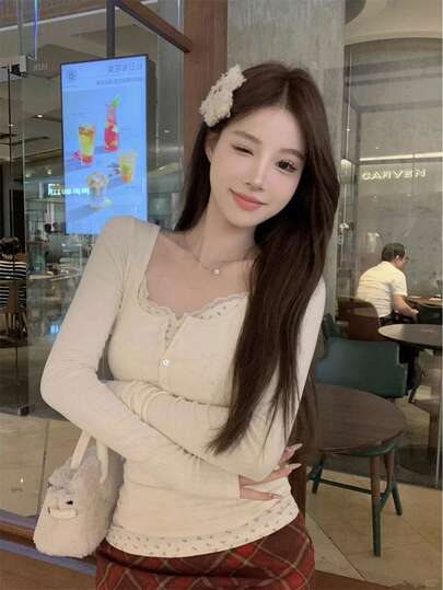 Lace Ditsy Floral Long Sleeve 2 In 1 T-Shirt For Women, Slim Fit Layering Top, Sexy Vibe, Spring/Autumn