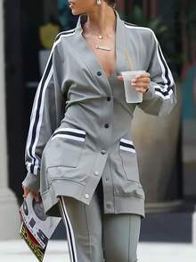 Women's New Versatile Fashion Side Stripe Casual Two-Piece Suit, Long Sleeve Round Neck Snap Button Belt Pocket Jacket And Waist Casual Wide-Leg Pants, Machine Washable, Suitable For Daily Wear - 灰色 - 查看 4