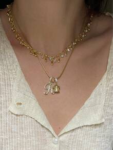 1pc Minimalist Cubic Zirconia Heart Gemstone Initial Letter DIY Necklace, Customized Simple Letter Name Necklace, Stainless Steel Initial Pendant Necklace, Fashionable, Casual, Personalized, Unique Gift For Girlfriend, Mom, Family, Friend, Anniversary, Valentine's Day, Mother's Day, Birthday, Graduation, Daily Wear, Wedding, Party - Gold - View 7