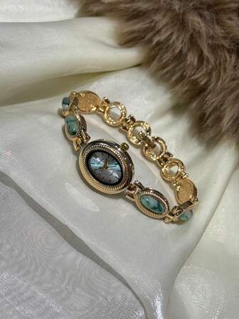 1pc Women's Gold /Green Watch Version Simple, New Small Dial Atmospheric, Fashionable, Elegant Versatile, Quartz Watch Suitable For Everyday Decoration/Party