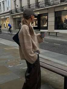 Women's Elegant Solid Color Casual Minimalist Dropped Shoulder Round Neck Loose Mohair-Like Sweater, Going Out Tops For Women, Brown Top, Women's Winter Sweater