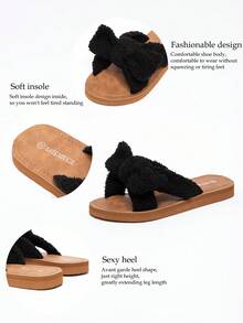 Women's Autumn/Winter Fashion Simple Sweet Cute Slouchy Casual Curly Wool Bow Black & Brown Flat Slippers, Suitable For Hotel Vacation, Party, Dinner, French INS Style Youthful Energetic Lightweight Comfortable Warm Black & Camel Indoor Home Slippers