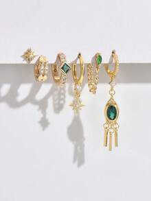 1 Set Of 6pcs Elegant Colorful Cubic Zirconia Stud Earrings, Suitable For Daily, Party, Holiday, Date Or Wedding