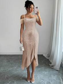 Nuevo vestido de verano elegante asimétrico de hombro descubierto con lentejuelas