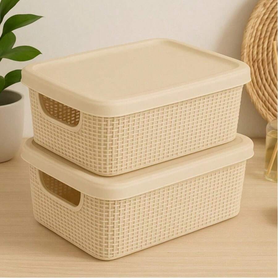 Kit Of 2 Organizer Boxes With Lid 1.8 Liters Utilities Durable Plastic Stackable Exclusive Texture Multipurpose - Beige - View 1