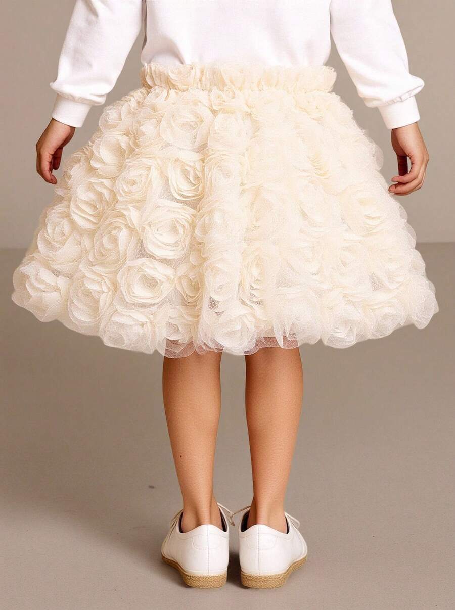 SHEIN Elladie kids 年轻女孩杏色纹理网眼玫瑰印花 A 字裙，甜美优雅公主迷你裙，百搭 - 奶油色 - 查看 1