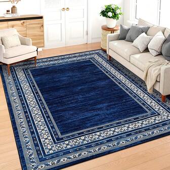 1pc Washable Luxurious Soft Carpet, Suitable For Living Room, Bedroom, Ultra-Thin Modern Geometric Bordered Print Carpet, Indoor Non-Slip Decorative Carpet, Short Plush Foldable Carpet, Minimalist Neutral Area Rug, Office, Farmhouse Decor, Blue - Area Rug, Modern Large Living Room Carpet, Indoor Soft Edged Geometric Pattern Carpet, Bedroom Rug, Non-Slip Short Plush Floor Mat, Dining Room Carpet