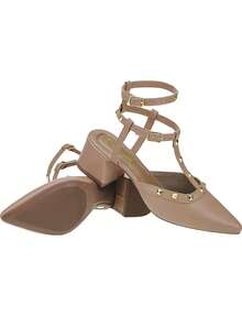 Women's Pumps Block Heel Shekinah Strap Studs Spike Carnation Fashion Simple Casual PVC Shiny Studded Party 2025 - 杏色 - 查看 6