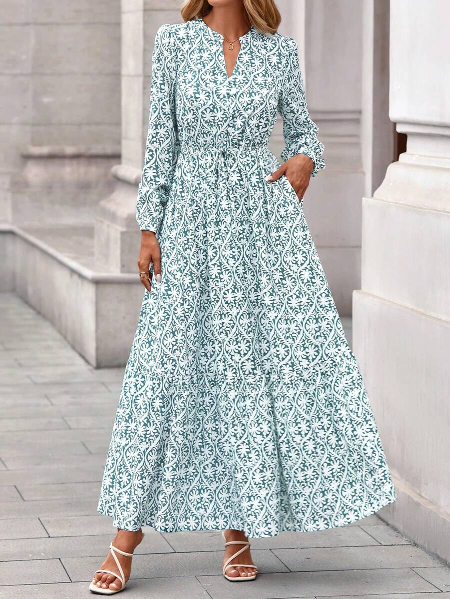 Women Fall Boho Maxi Dress Floral Long Sleeve V Neck Button Pockets Flowy Long Dress Autumn Winter Holiday Vacation Wedding Dresses Outfits - 白綠花 - 查看 1