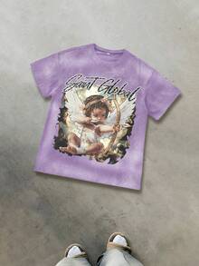T - Shirt Combining Faith And Fashion: Cherub Print T - Shirt Printed T - Shirt, 230g Washed Care Label T - Shirt, Unisex Acid - Washed Cotton Printed T - Shirt, Vintage Washed T - Shirt, Crew - Neck T - Shirt, Machine - Washable, Casual Summer Outfit, Men's Loose - Fit T - Shirt - Màu tím  Violet - Xem 2