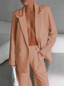 Elegant Business Casual Two-Piece Suit, Single Button Lapel Suit Jacket And Slim Fit Pants, Women's Clothing - 珊瑚粉 - 查看 3