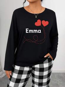 Plus-Size Women's Heart Name Custom Print Round Neck Warm Long Sleeve Top Loungewear, Fall, Cozy Outfits