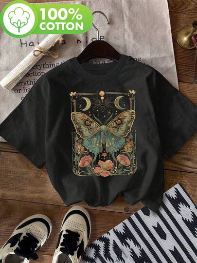 Women'S Cottagecore Whimsigoth Moth& Botanical Butterfly Print T-Shirt- 100% Short Sleeve Crew Neck Top With Crescent Moon& Floral Design, Semi-Sheer Casual Shirt For Spring& Summer, Breathable Fabric, Seasonal Clothing, Soft Texture
