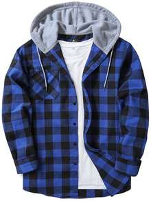 Four Seasons Two-Piece Set Contrast Plaid Men's Casual Hooded Shirt - 藍色白黑色 - 查看 2