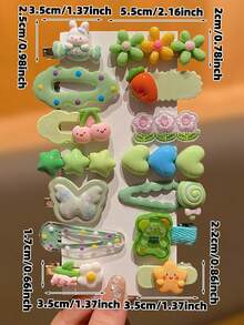 14pcs Women's Fashion Hair Clip Set, Green, Sweet And Cute, Teddy Bear And Rabbit Cartoon Pattern, Multiple Styles, Suitable For Daily Wear, Women's Hair Accessories, Recommended Gift, Claw Clips, Hair Clips, Hair Pins, Hair Clips - Green - View 5