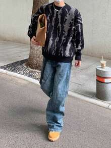 BAI YUE Streetwear Essentials: A Versatile, On- Collection Niche Design Color-Blocked Pullover Knit Sweater For Men, For Fall Winter, Grunge Style