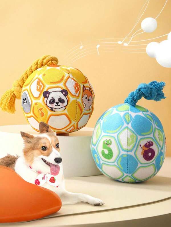 كرة لعب للكلاب، كرة قدم للكلاب مع حبل، لعبة مضغ تفاعلية بطباعة كرتونية، لعبة صافرة متينة للكلاب الصغيرة/المتوسطة، مصدر ترفيه وصديق تدريب