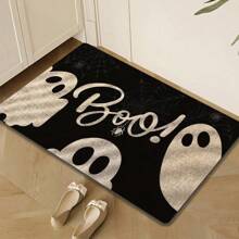 1 buc Covoraș de ușă cu fantome de Halloween cu suport antiderapant din cauciuc - Spălare manuală, covor dreptunghiular din poliester și cauciuc, pentru interior și exterior, 17 x 29 inci