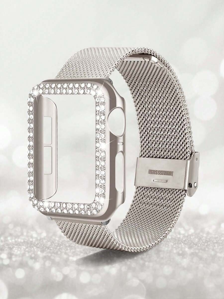 2pcs Compatible With Apple Watch Bands And Watch Protective Case Set, Starlight Color Stainless Steel Metal Apple Watch Band And Starlight Color Embedded Jewelry Shiny Rhinestone Starlight Color Bezel Apple Watch Protective Case, Suitable For Watch Ultra 3/2/1, S10/S9/SE, 8/7/6/5/4/3/2/1 Series, Youthful, Fashionable, Cute, Elegant, Luxury Women's Adjustable Waterproof Breathable Metal Mesh Apple Watch Band, Crystal Rhinestone Shockproof Shiny Apple Watch Protective Case, Stainless Steel Mesh Band Set, 38mm 40mm 41mm 42mm 44mm 45mm 46mm 49mm