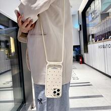 简约时尚波点字母印花TPU防震挂绳斜挎手机壳，兼容苹果16/15 Pro Max/15 Plus/15 Pro/15/14 Pro Max/14 Plus/14 Pro/14/13 Pro Max/Pro Max/12 Pro Max/12 Pro/12/11 Pro Max/11，是送给家人和朋友的完美圣诞节、新年、复活节礼物 - 白色 - 查看 5