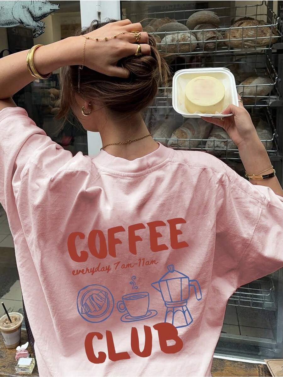 Women's Summer New Simple Coffee & English Print Round Neck White Short Sleeve T-Shirt, Casual Everyday Wear, Versatile Top