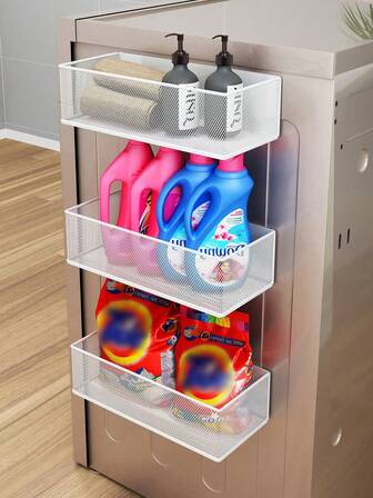 The Side Storage Magnetic Rack Of The Washing Machine On The Balcony Is Beside The Drum Flip Cover And The Bathroom Hanging Basket Frame