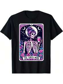 [Fast Arrival] Tired Mom Tarot Card Coffee T-Shirt, Skeleton, Mother's Day, Skull For Men And Women, Christmas Gift, Halloween, Thanksgiving, Soft Unisex Fabric, Comfortable Black Short Sleeve T-Shirts Perfect For Autumn, Must-Have Fashion T-Shirt - 黑色 - 查看 7