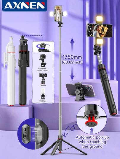 AXNEN 68.89 英寸便携式自拍杆，自动弹出式稳定三脚架，带手机支架，360°旋转，可拆卸手机支架，多功能可伸缩手机三脚架，带磁吸遥控快门，兼容智能手机/相机/GoPro