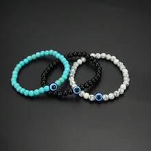 PHCOO 3pcs/Set Evil Eye Beaded Bracelet, Multi-Color Beads, Minimalist Blue Eye Beaded Bracelet Jewelry, Unisex Elastic Turquoise Beaded Bracelet Set, Evil Blue Eye Beaded Bracelet