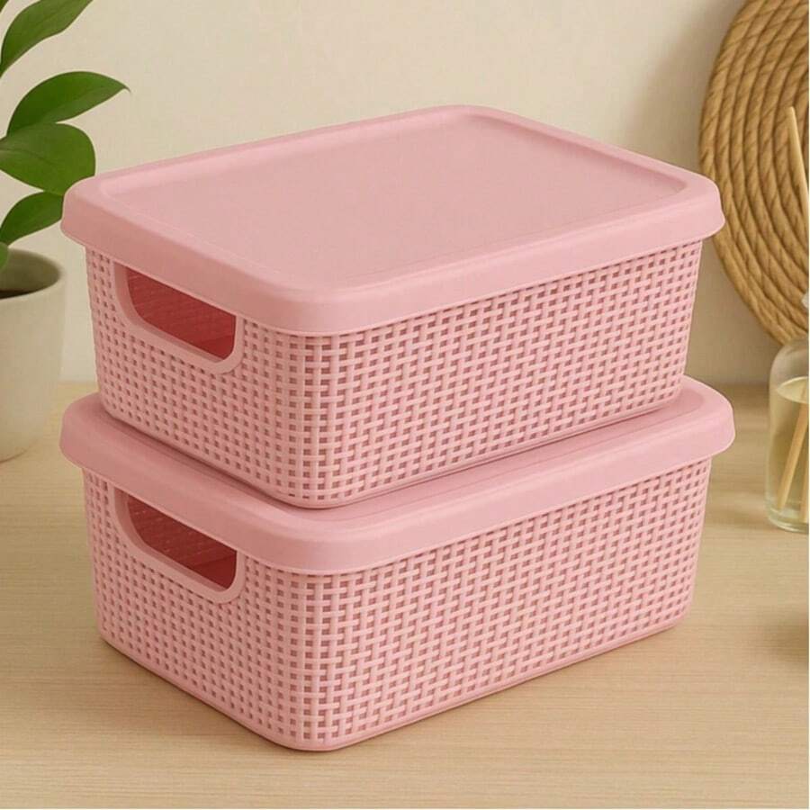 Kit Of 2 Organizer Boxes With Lid 1.8 Liters Utilities Durable Plastic Stackable Exclusive Texture Multipurpose - Baby Pink - View 1