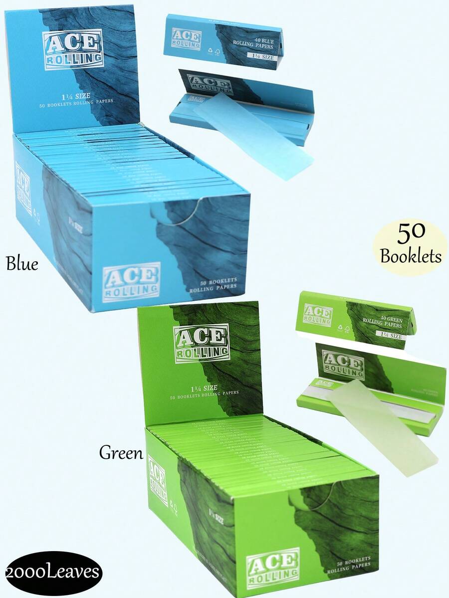 2000 张/50 册 - 卷烟纸 11/4 卷烟纸 - 蓝色和绿色未漂白卷烟纸 - 天然阿拉伯胶卷烟纸 - 44*78 毫米 蓝色和绿色卷烟纸 - 经典超薄卷烟纸燃烧顺畅。 - 彩色 - 查看 1