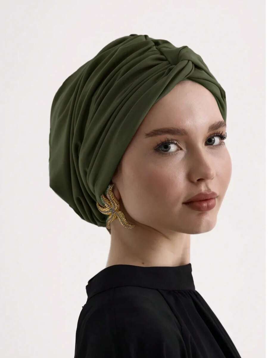 1pc Women's Classic Solid Color Chemo Turban Hat, High Elasticity, Pleated Design, Non-Slip, Breathable, Multi-Layer Pleated Headscarf, Perfectly Paired With Hijab, Soft And Skin-Friendly Modal Knitted Fabric, Suitable For Daily Wear For Dress - Army Green - View 1