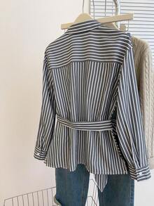 Black Striped Long Sleeve Cinched Waist Bow Tie Elegant Slim Fit Women Shirt, Suitable For Work And Commute, Spring/Summer - Black and White - View 3