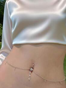 Gold Rhinestone Tassel Zirconia Belly Button Ring With Body Chain - Yellow Gold - View 6