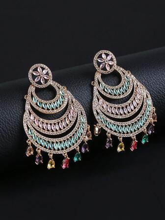 一对奢华珠宝风格长流苏立方氧化锆吊坠耳环，夸张个性化耳环，时尚耳环，可搭配晚礼服，生日/节日礼物