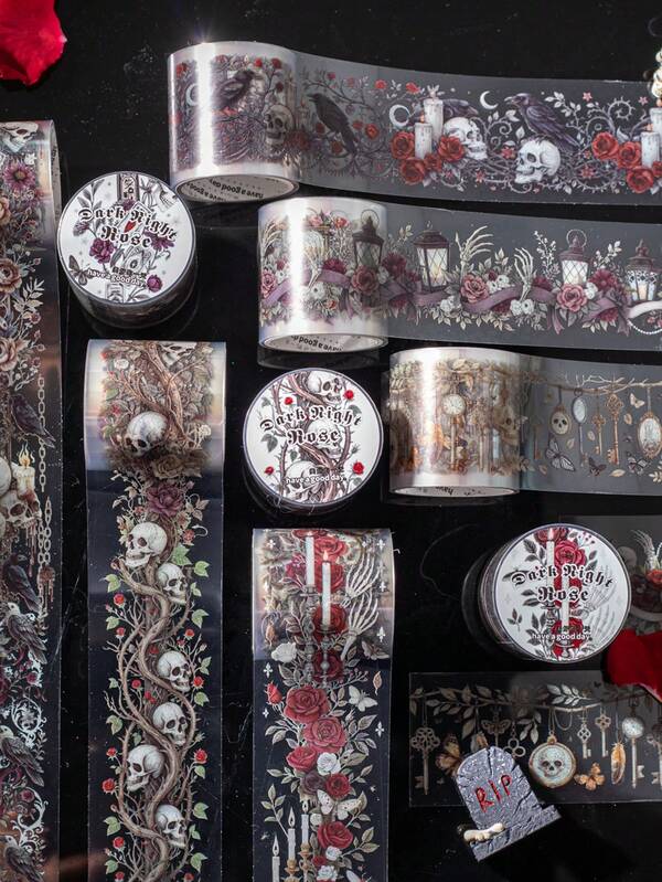 1 rolo/bolsa de fita adesiva para scrapbooking com tema gótico, material PET, série rosa escuro, adequada para planejador, decoração de garrafa d'água