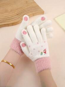 A Pair Of Korean-Style Cute Snowman Embroidered Plush Gloves, Touchscreen-Compatible Gloves, Christmas Atmosphere Gloves, Christmas-Style Gloves, With Cute Snowman Patterns, Women's Winter Fleece-Lined Warm Gloves.