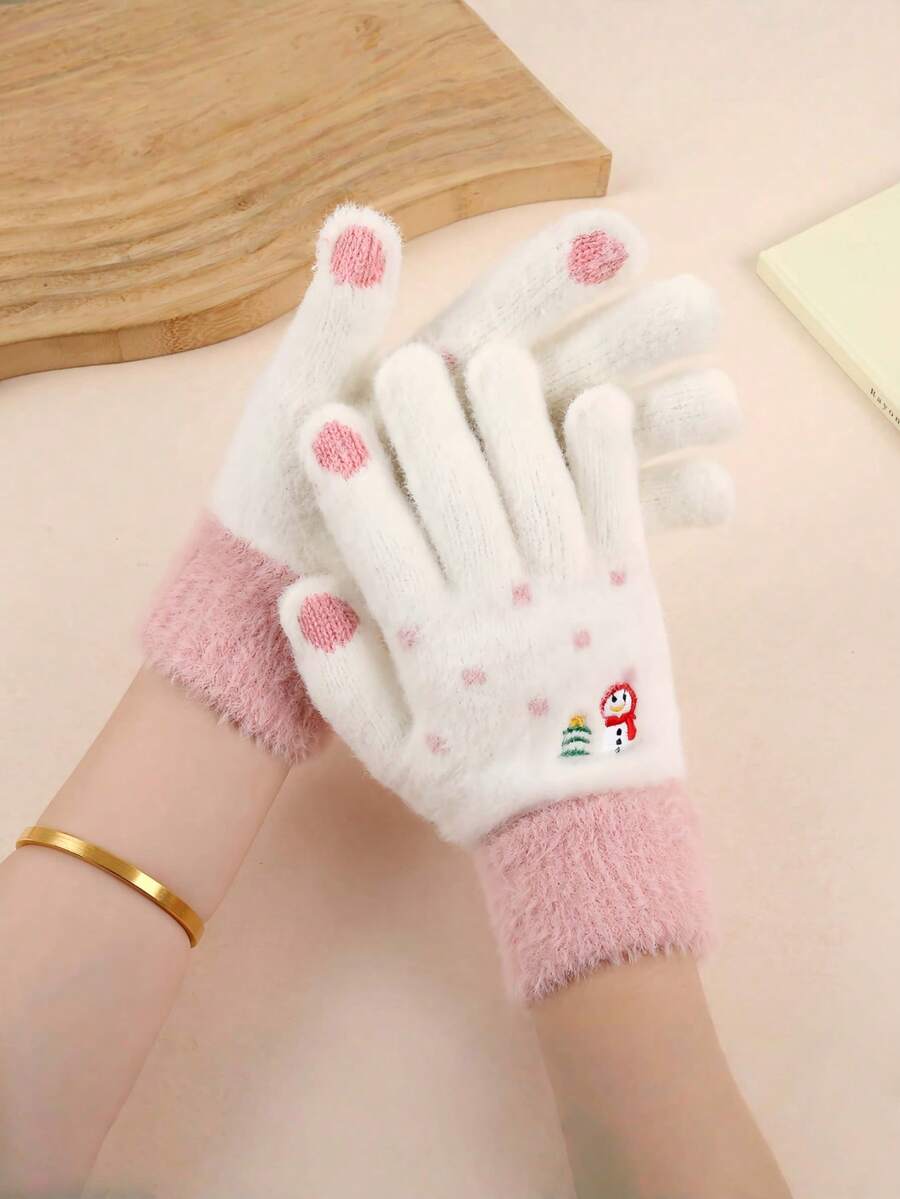 A Pair Of Korean-Style Cute Snowman Embroidered Plush Gloves, Touchscreen-Compatible Gloves, Christmas Atmosphere Gloves, Christmas-Style Gloves, With Cute Snowman Patterns, Women's Winter Fleece-Lined Warm Gloves.
