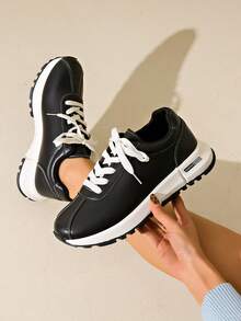 scarpe sportive casual con suola spessa, punta tonda e lacci, comoda e adatta a studenti - nero - Visualizzare 1