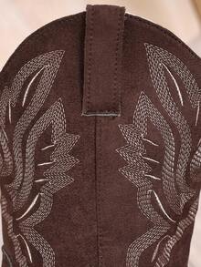 Women's Chunky Heel Suede Fabric Slip-On Embroidered Coffee Brown Western Boots, Low Heel Square Toe Mid-Calf Boots, Fashion Versatile Cowgirl Boots, New Autumn/Winter Short Shaft Cowboy Boots, Suede Fabric Western Style Boots - Coffee Brown - View 4